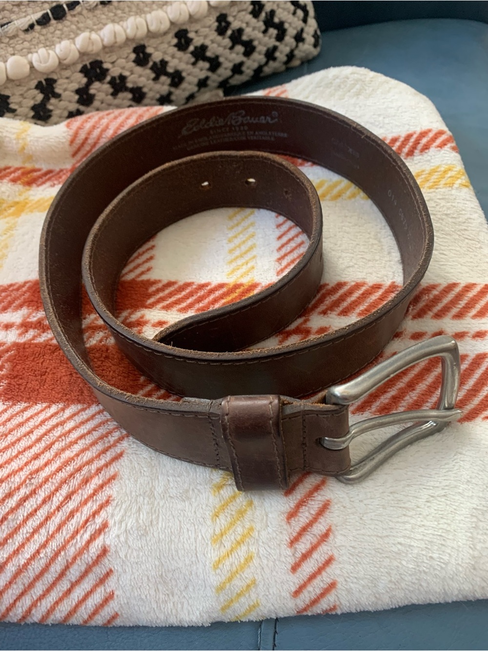Eddie Bauer Brown Leather Men's Belt with Silver Buckle, 39-1/2 inches